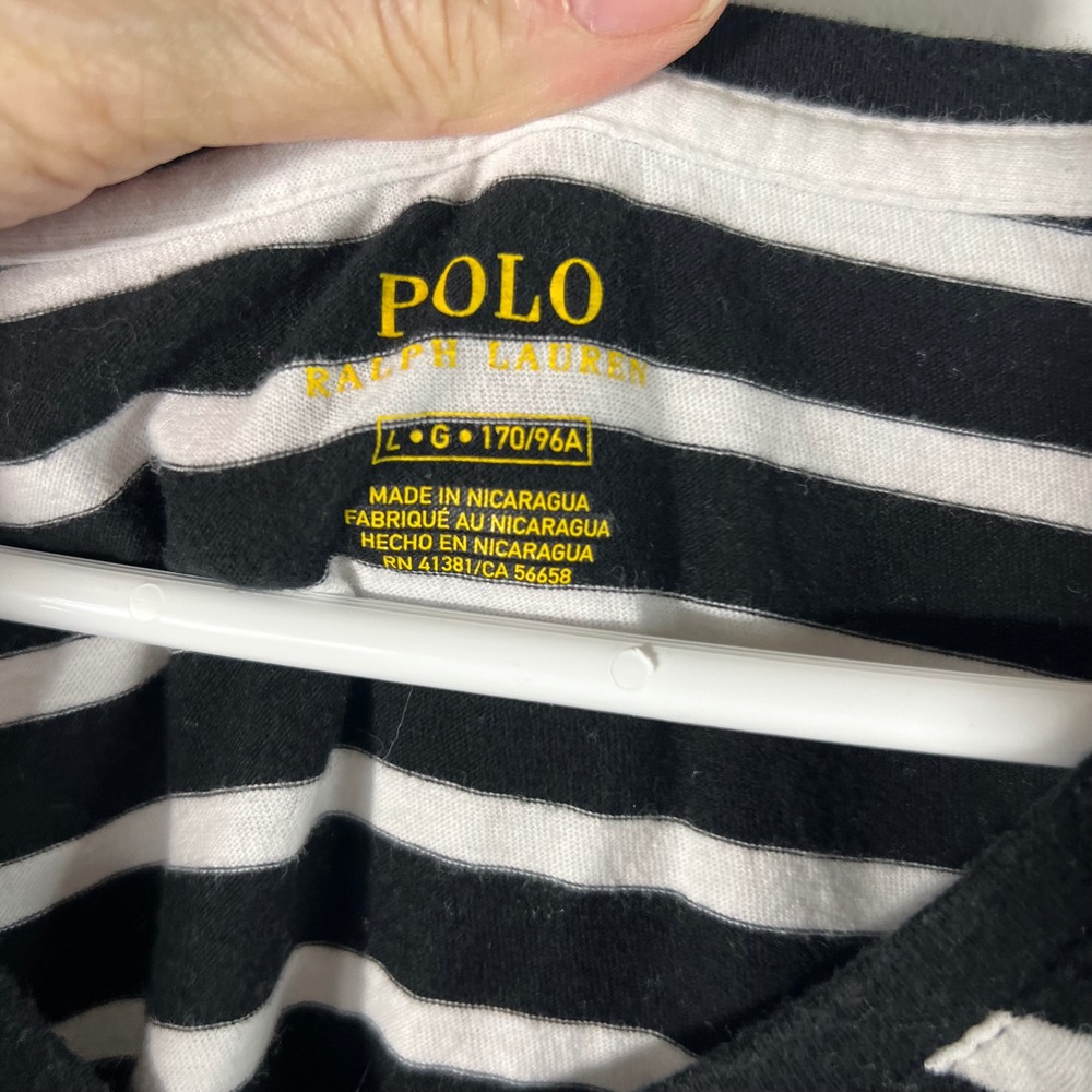 Womens Polo Ralph Lauren V Neck Breton Stripe Tee Shirt Black White L Cotton - Picture 6 of 7